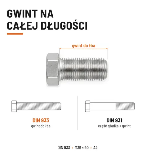 ŚRUBA SZEŚCIOKĄTNA DIN 933 M39X90 STAL NIERDZEWNA A2