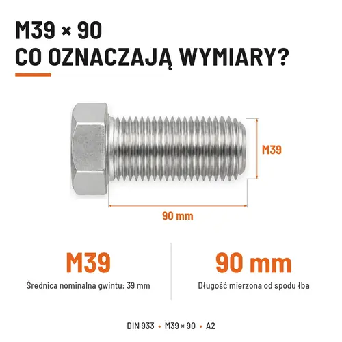 ŚRUBA SZEŚCIOKĄTNA DIN 933 M39X90 STAL NIERDZEWNA A2
