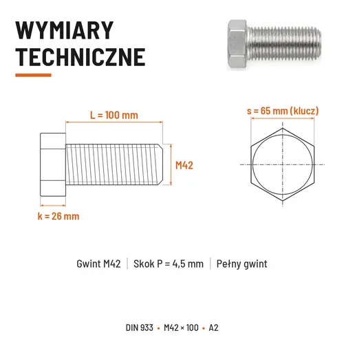 Śruba sześciokątna DIN 933 M42x100 pełny gwint A2 nierdzewna