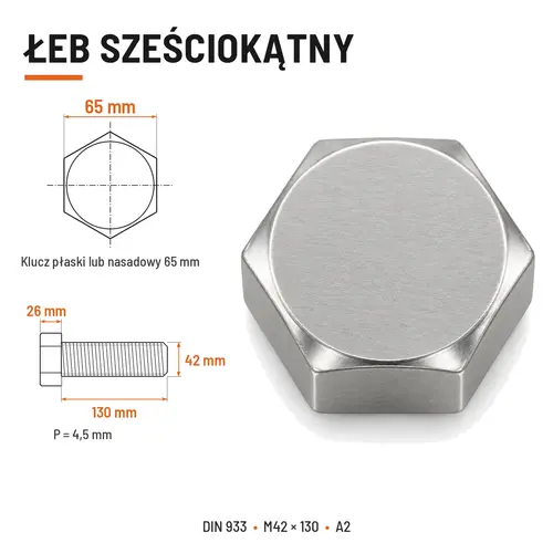 ŚRUBA SZEŚCIOKĄTNA DIN 933 M42X130 STAL NIERDZEWNA A2