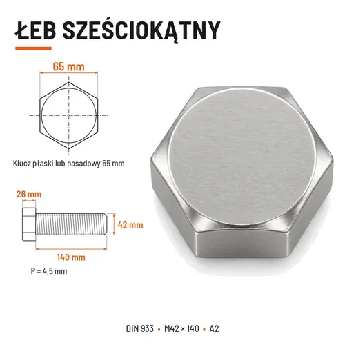 Śruba sześciokątna DIN 933 M42x140 pełny gwint A2 nierdzewna