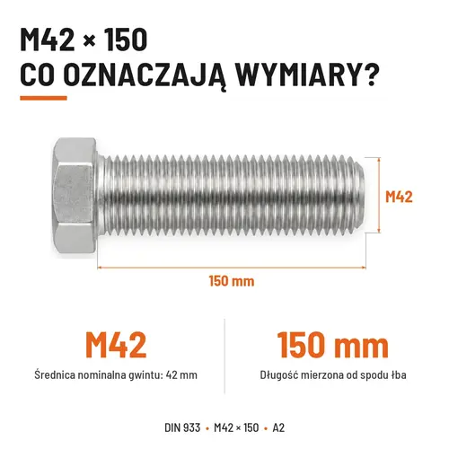 Śruba sześciokątna DIN 933 M42x150 pełny gwint A2 nierdzewna