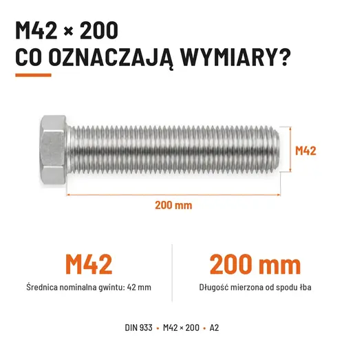 Śruba sześciokątna DIN 933 M42x200 pełny gwint A2 nierdzewna