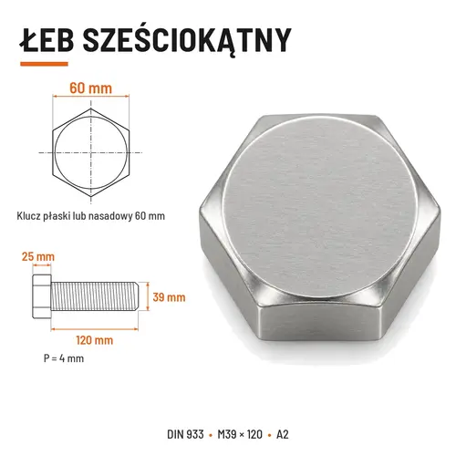 Śruba sześciokątna DIN 933 M39x120 pełny gwint A2 nierdzewna