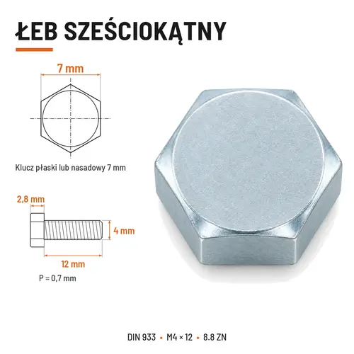 ŚRUBA SZEŚCIOKĄTNA DIN 933 M4X12 KLASA 8.8 OCYNK GALWANICZNY
