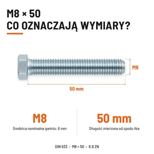 ŚRUBA SZEŚCIOKĄTNA DIN 933 M8X50 KLASA 8.8 OCYNK GALWANICZNY