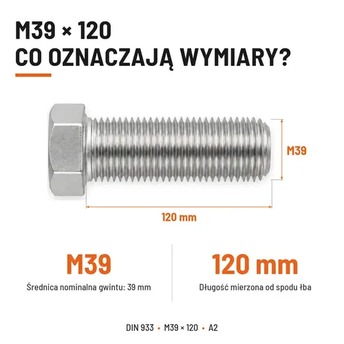 Śruba sześciokątna DIN 933 M39x120 pełny gwint A2 nierdzewna