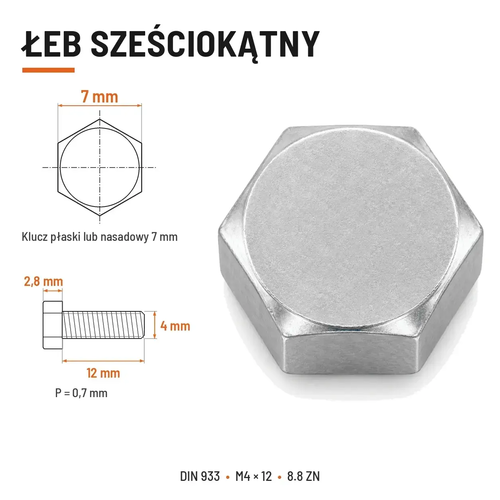 Śruba sześciokątna DIN 933 M4x12 pełny gwint 8.8 ocynkowana