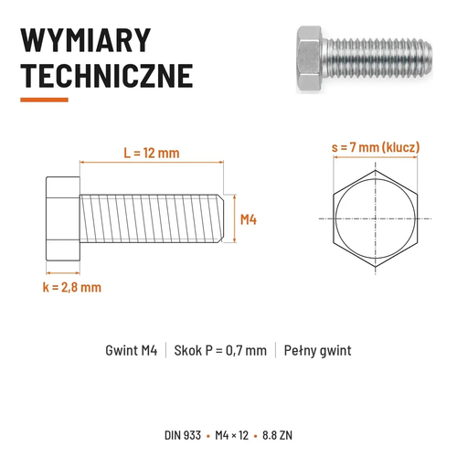 Śruba sześciokątna DIN 933 M4x12 pełny gwint 8.8 ocynkowana
