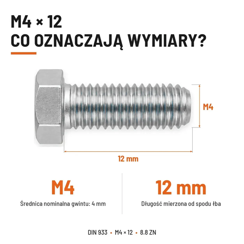 Śruba sześciokątna DIN 933 M4x12 pełny gwint 8.8 ocynkowana