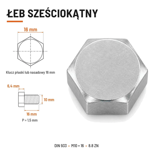 Śruba sześciokątna DIN 933 M10x16 pełny gwint 8.8 ocynkowana