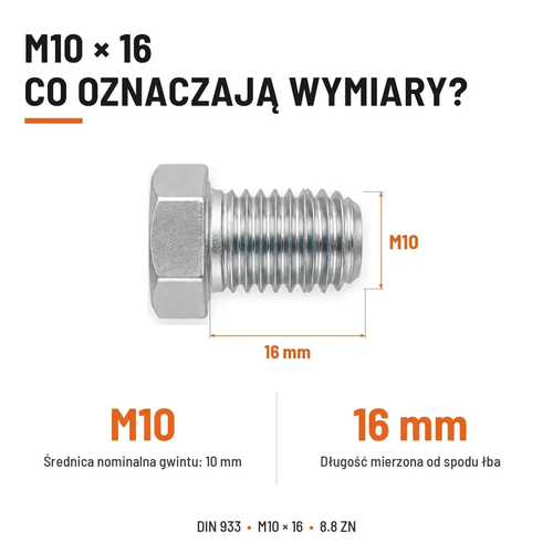Śruba sześciokątna DIN 933 M10x16 pełny gwint 8.8 ocynkowana