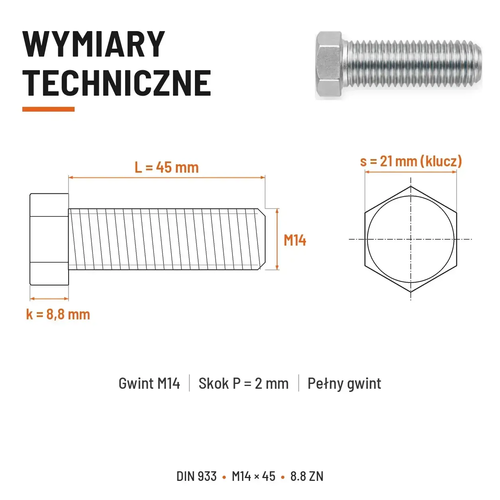 Śruba sześciokątna DIN 933 M14x45 pełny gwint 8.8 ocynkowana