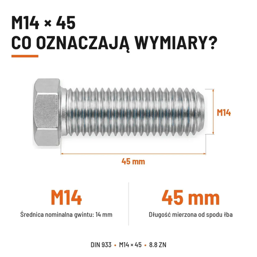 Śruba sześciokątna DIN 933 M14x45 pełny gwint 8.8 ocynkowana