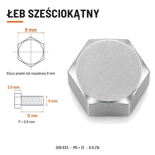 Śruba sześciokątna DIN 933 M5x12 pełny gwint 8.8 ocynkowana