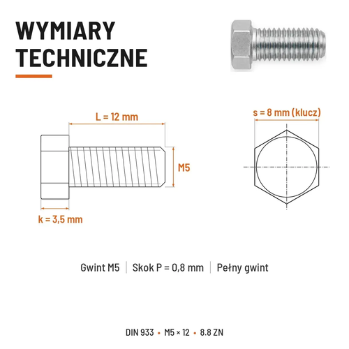 Śruba sześciokątna DIN 933 M5x12 pełny gwint 8.8 ocynkowana