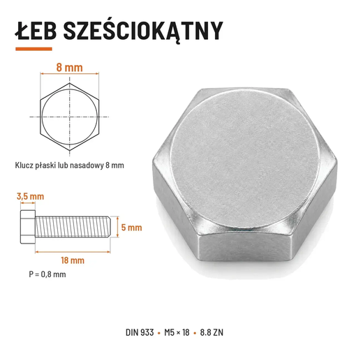 Śruba sześciokątna DIN 933 M5x18 pełny gwint 8.8 ocynkowana