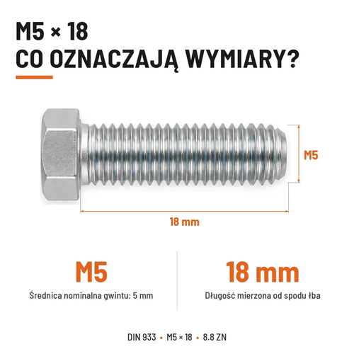 Śruba sześciokątna DIN 933 M5x18 pełny gwint 8.8 ocynkowana