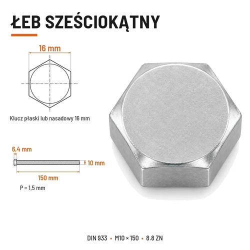 Śruba sześciokątna DIN 933 M10x150 pełny gwint 8.8 ocynkowana