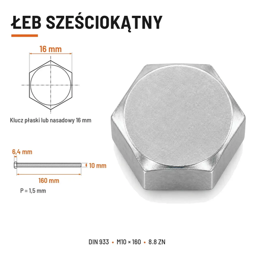 Śruba sześciokątna DIN 933 M10x160 pełny gwint 8.8 ocynkowana