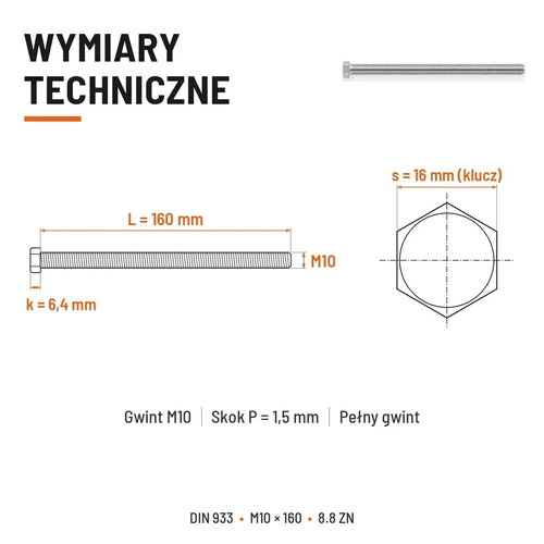 Śruba sześciokątna DIN 933 M10x160 pełny gwint 8.8 ocynkowana