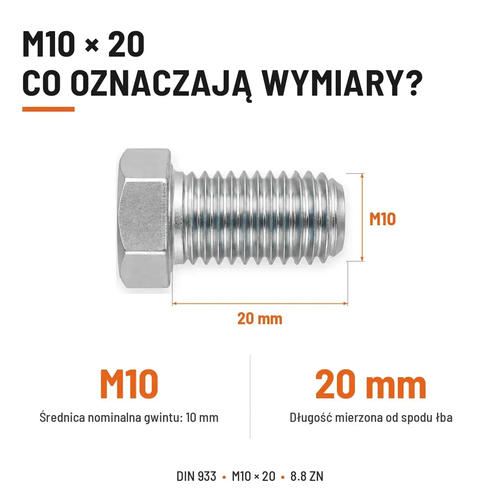 Śruba sześciokątna DIN 933 M10x20 pełny gwint 8.8 ocynkowana