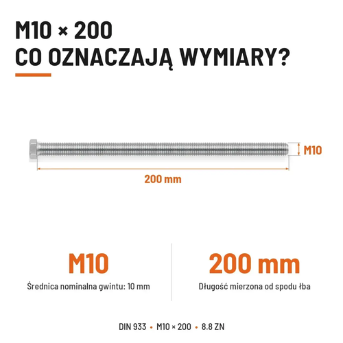 Śruba sześciokątna DIN 933 M10x200 pełny gwint 8.8 ocynkowana