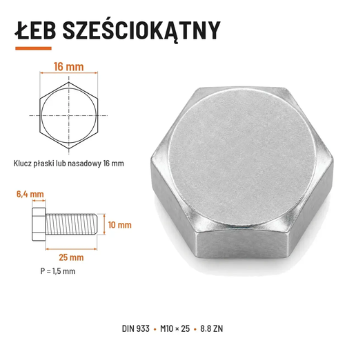 Śruba sześciokątna DIN 933 M10x25 pełny gwint 8.8 ocynkowana