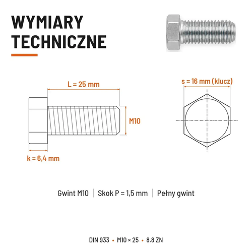 Śruba sześciokątna DIN 933 M10x25 pełny gwint 8.8 ocynkowana