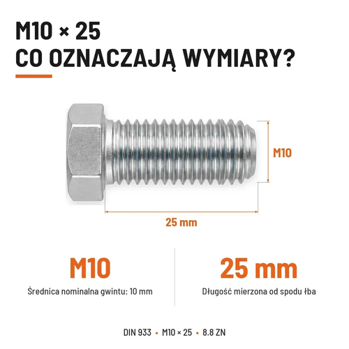 Śruba sześciokątna DIN 933 M10x25 pełny gwint 8.8 ocynkowana