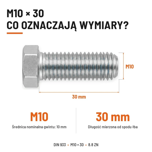 Śruba sześciokątna DIN 933 M10x30 pełny gwint 8.8 ocynkowana