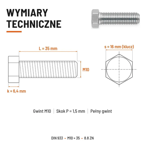Śruba sześciokątna DIN 933 M10x35 pełny gwint 8.8 ocynkowana