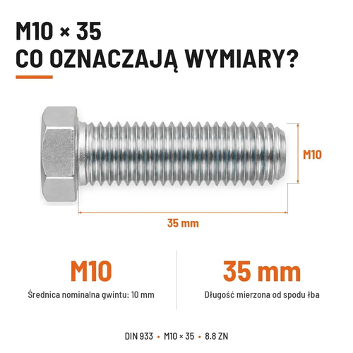 Śruba sześciokątna DIN 933 M10x35 pełny gwint 8.8 ocynkowana