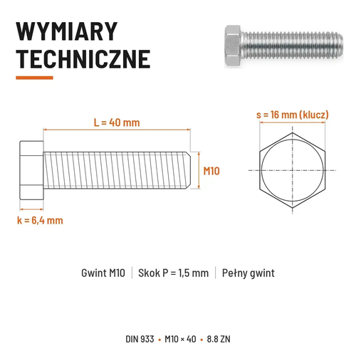 Śruba sześciokątna DIN 933 M10x40 pełny gwint 8.8 ocynkowana