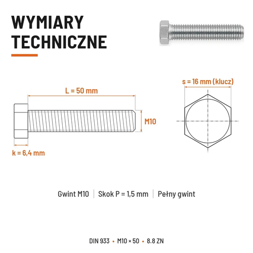 Śruba sześciokątna DIN 933 M10x50 pełny gwint 8.8 ocynkowana