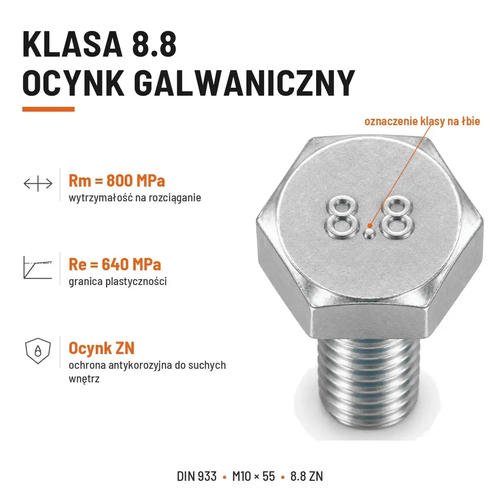 Śruba sześciokątna DIN 933 M10x55 pełny gwint 8.8 ocynkowana