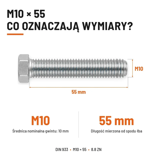 Śruba sześciokątna DIN 933 M10x55 pełny gwint 8.8 ocynkowana