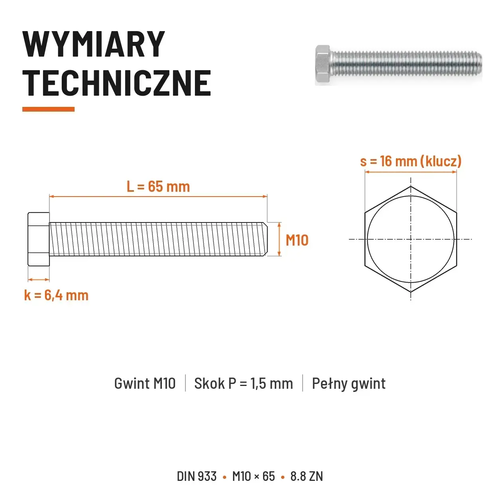 Śruba sześciokątna DIN 933 M10x65 pełny gwint 8.8 ocynkowana