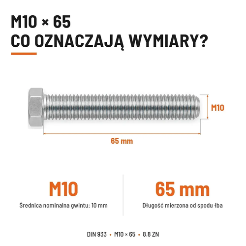 Śruba sześciokątna DIN 933 M10x65 pełny gwint 8.8 ocynkowana