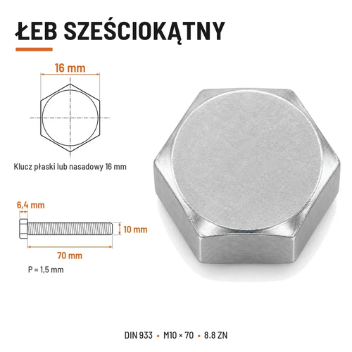 Śruba sześciokątna DIN 933 M10x70 pełny gwint 8.8 ocynkowana