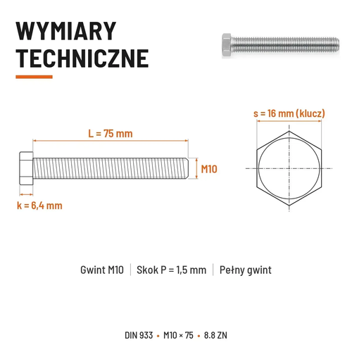 Śruba sześciokątna DIN 933 M10x75 pełny gwint 8.8 ocynkowana