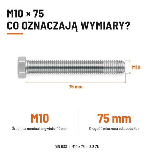 Śruba sześciokątna DIN 933 M10x75 pełny gwint 8.8 ocynkowana