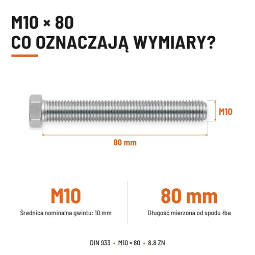 Śruba sześciokątna DIN 933 M10x80 pełny gwint 8.8 ocynkowana