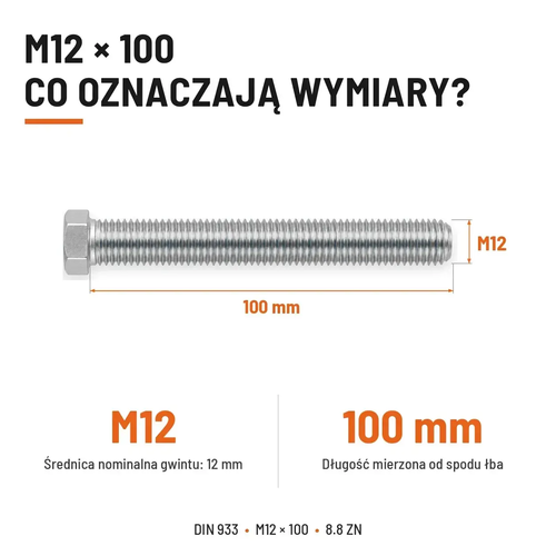 Śruba sześciokątna DIN 933 M12x100 pełny gwint 8.8 ocynkowana