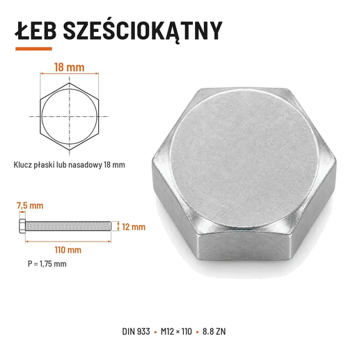 Śruba sześciokątna DIN 933 M12x110 pełny gwint 8.8 ocynkowana