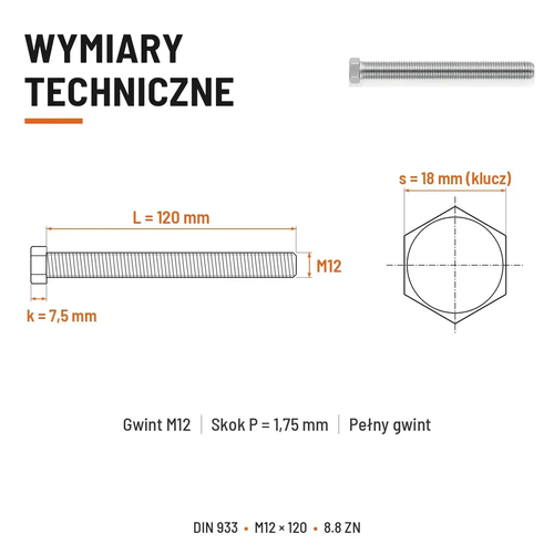 Śruba sześciokątna DIN 933 M12x120 pełny gwint 8.8 ocynkowana