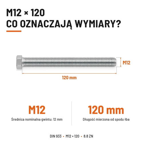 Śruba sześciokątna DIN 933 M12x120 pełny gwint 8.8 ocynkowana