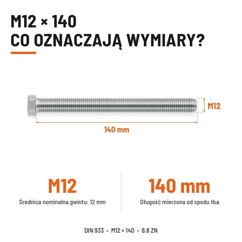 Śruba sześciokątna DIN 933 M12x140 pełny gwint 8.8 ocynkowana
