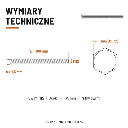 Śruba sześciokątna DIN 933 M12x160 pełny gwint 8.8 ocynkowana