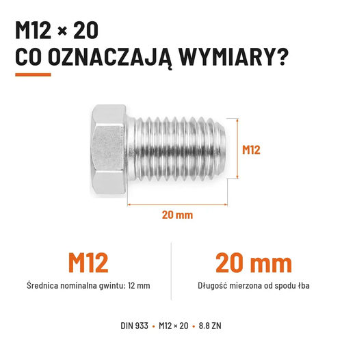 Śruba sześciokątna DIN 933 M12x20 pełny gwint 8.8 ocynkowana